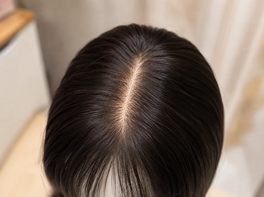 แนวแสกวิกผมแท้ทอมือของ Wewigs Pro ที่ปักเส้นต่อเส้นบนฐานหนังศีรษะจำลอง มองใกล้เนียนเหมือนผมงอกจากหนังศีรษะจริง