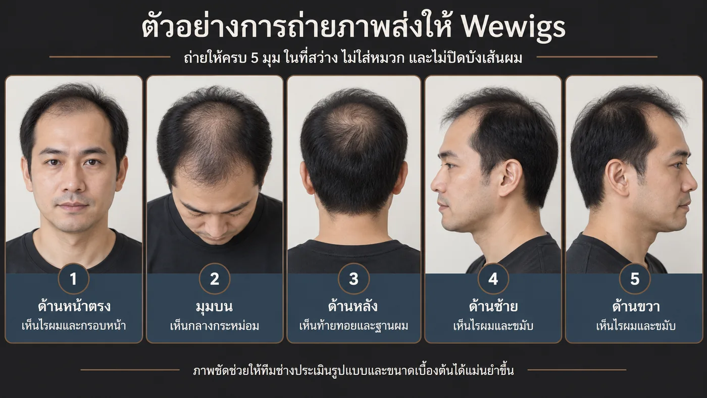 ตัวอย่างการถ่ายภาพ 5 มุมส่งให้ Wewigs ประเมินวิกผม ด้านหน้าตรง มุมบน ด้านหลัง ด้านซ้าย และด้านขวา ถ่ายในที่สว่าง ไม่ใส่หมวก