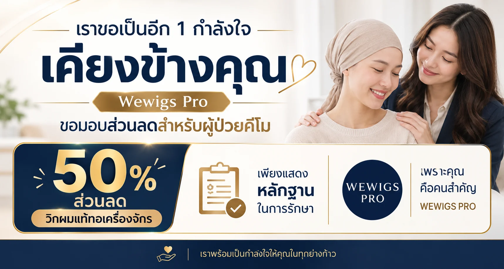 Wewigs Pro มอบส่วนลด 50% สำหรับผู้ป่วยคีโม เมื่อซื้อวิกผมแท้ทอเครื่องจักร เพียงแสดงหลักฐานในการรักษา