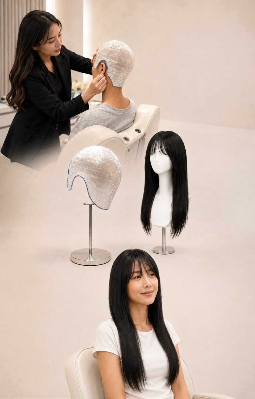 ภาพประกอบสรุปขั้นตอนการสั่งทำวิกผมเฉพาะบุคคลของร้าน Wewigs Pro ตั้งแต่วัดขนาดศีรษะ ขึ้นแบบพิมพ์ ขึ้นฐานวิก จนถึงวิกที่ทำเสร็จและสวมใส่จริง