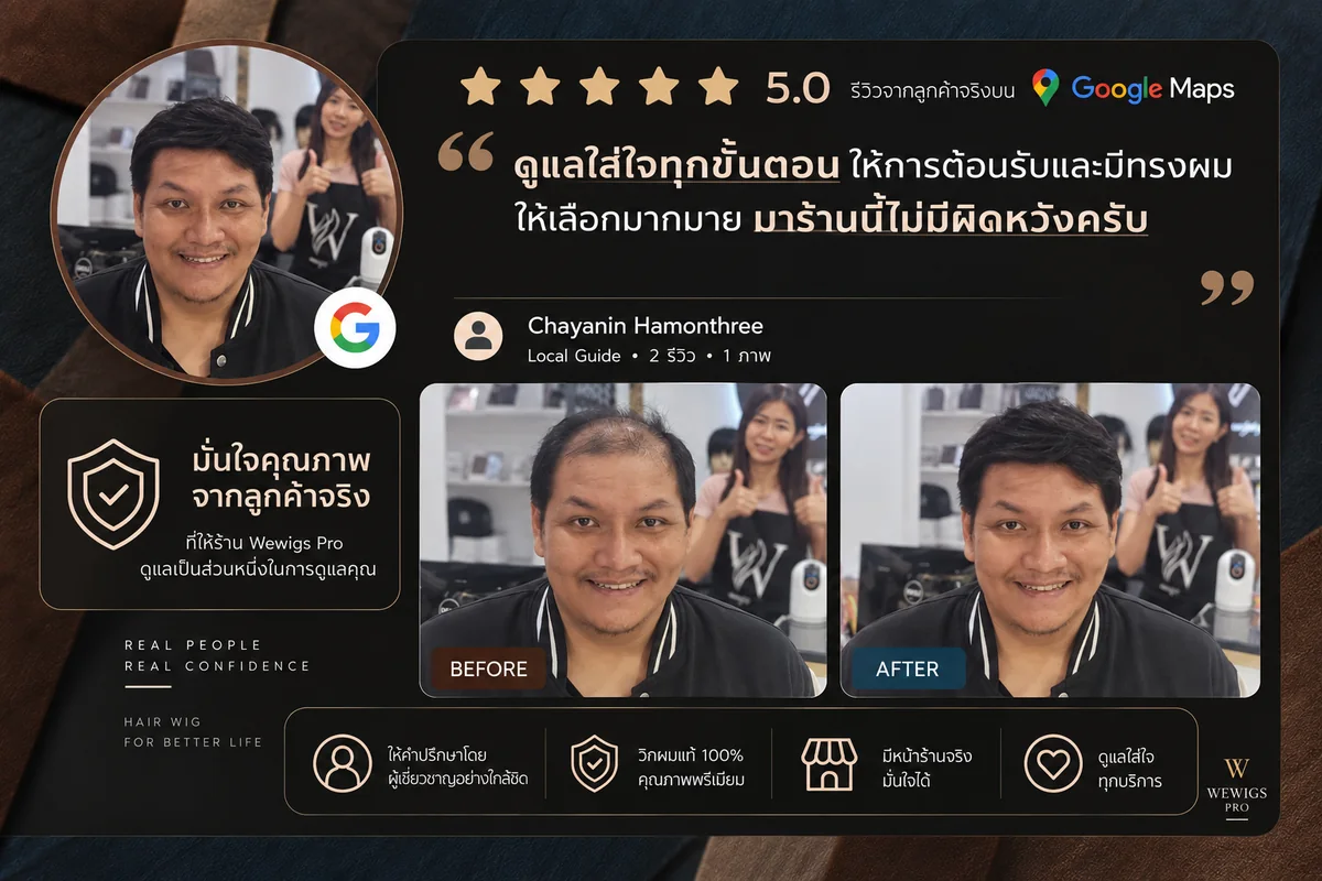 รีวิว 5 ดาวบน Google Maps จากลูกค้าชาย Chayanin ชมว่าร้าน Wewigs Pro ดูแลใส่ใจทุกขั้นตอน มีทรงผมให้เลือกมาก พร้อมภาพก่อนและหลังใส่วิกผม