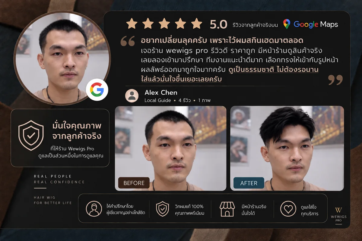 รีวิว 5 ดาวบน Google Maps จากลูกค้าชาย Alex Chen ไว้ผมสกินเฮดมาตลอด อยากเปลี่ยนลุค ใส่วิกผมชายแล้วดูเป็นธรรมชาติ พร้อมภาพก่อนและหลัง