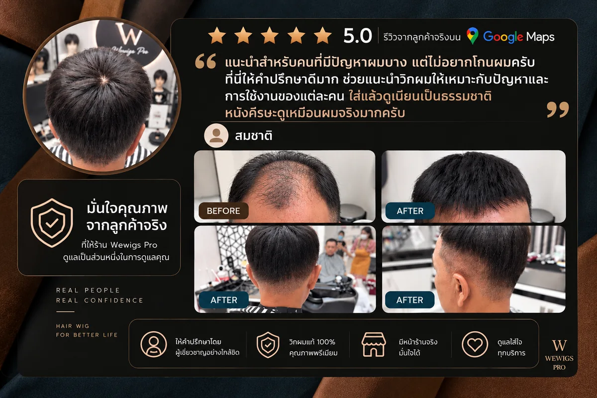 รีวิว 5 ดาวบน Google Maps จากลูกค้าชายสมชาติ ผมบางกลางกระหม่อมแต่ไม่อยากโกนผม ใส่วิกผมแล้วดูเนียนเป็นธรรมชาติ พร้อมภาพก่อนและหลังมุมบนและด้านหลัง