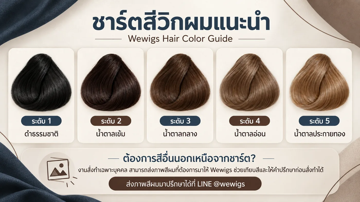 ชาร์ตสีวิกผมแนะนำของ Wewigs 5 ระดับ ดำธรรมชาติ น้ำตาลเข้ม น้ำตาลกลาง น้ำตาลอ่อน และน้ำตาลประกายทอง