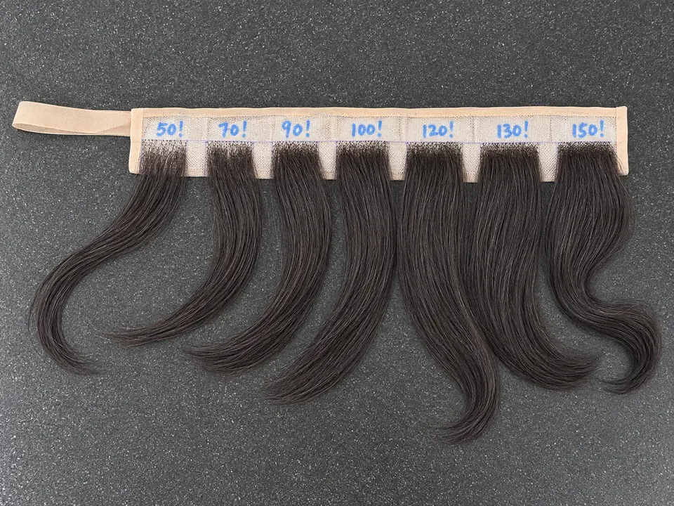 ตัวอย่างความหนาของเส้นผม 7 ระดับ ตั้งแต่ 50% ถึง 150% สำหรับเลือกความหนาวิกผมสั่งทำ