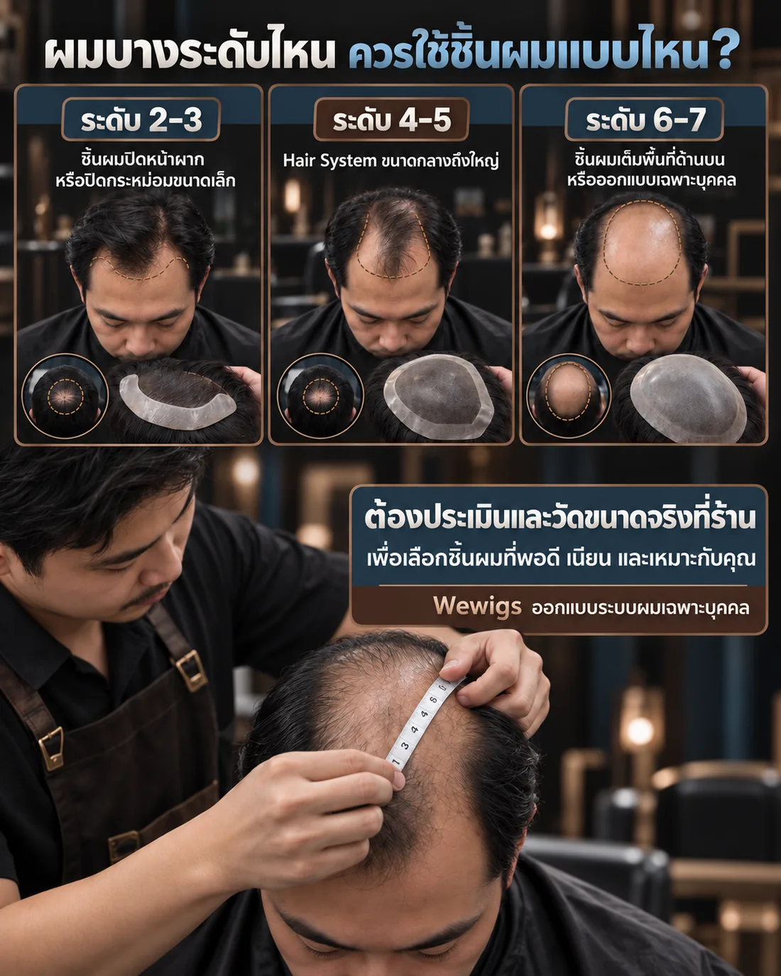 ภาพเทียบว่าผมบางระดับ 2-3 ระดับ 4-5 และระดับ 6-7 ตาม Norwood Scale ควรใช้ชิ้นผมขนาดไหน พร้อมภาพช่างวัดขนาดศีรษะลูกค้าชายที่หน้าร้าน