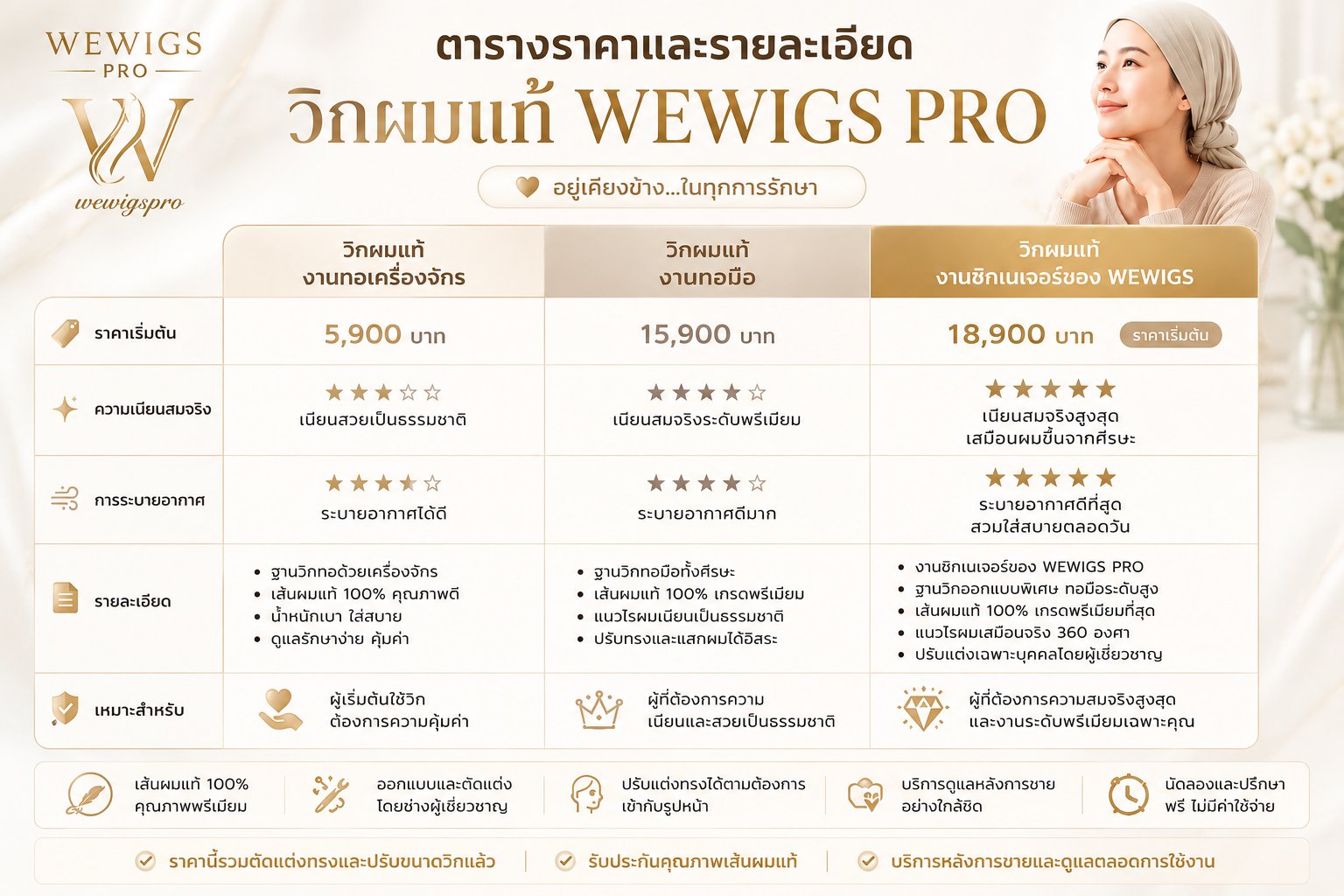 ตารางเปรียบเทียบราคาวิกผมแท้ Wewigs Pro 3 แบบ งานทอเครื่องจักร 5,900 บาท งานทอมือ 15,900 บาท และงานซิกเนเจอร์ 18,900 บาท พร้อมรายละเอียดความเนียนสมจริง การระบายอากาศ และกลุ่มผู้ที่เหมาะสม