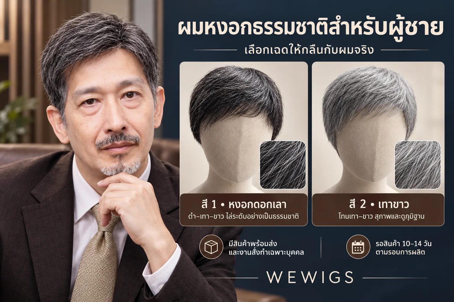วิกผมหงอกสำหรับผู้ชายสูงวัย 2 เฉด สี 1 หงอกดอกเลา ดำ เทา ขาว ไล่ระดับ และสี 2 เทาขาว วางบนหุ่นเทียบกับชายสูงวัยผมหงอกธรรมชาติ ของร้าน Wewigs