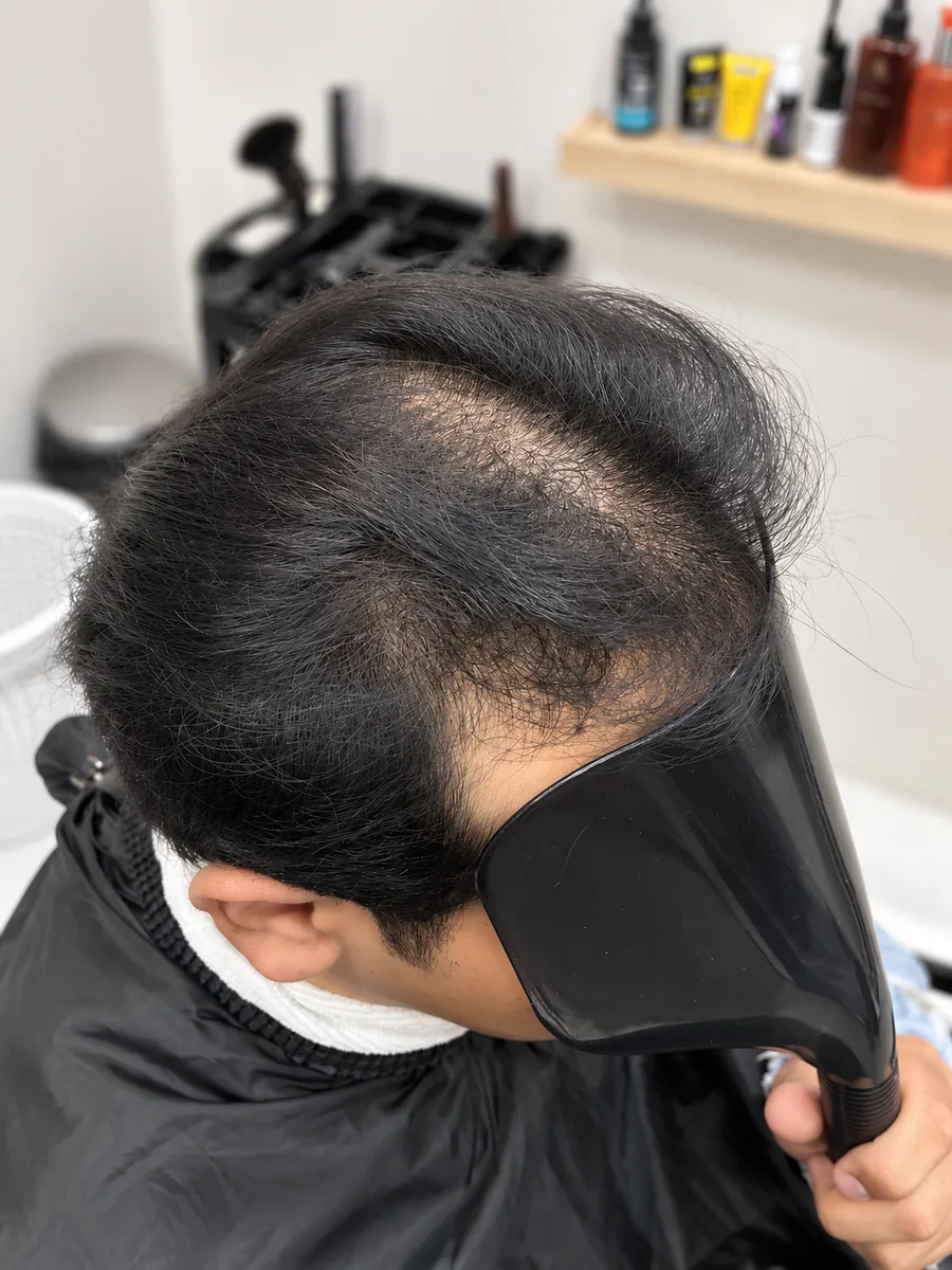 ก่อนใส่แฮร์พีช มุมบนศีรษะของลูกค้าชาย เห็นหนังศีรษะผ่านเส้นผมบริเวณกลางศีรษะเป็นวงกว้าง ที่ร้าน Wewigs Pro