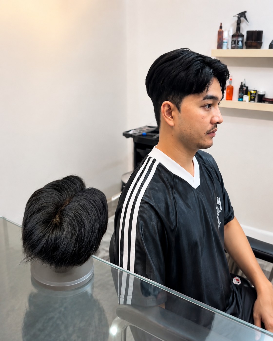 เปรียบเทียบวิกผมแท้ที่วางบนแท่นกับผมจริงบนศีรษะของลูกค้าชายที่ร้านวิกผม Wewigs Pro บางพลัด เห็นสีผม ความหนาแน่น และแนวไรผมข้างกันชัดเจน