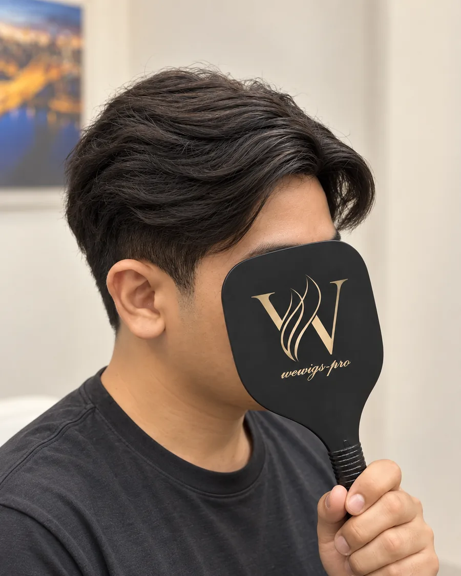 วิกผมทรงคอมม่าเกาหลี (Comma Hair) ด้านหน้ายาวปิดหน้าผาก ปลายโค้งเข้าหาหน้า ช่วยพรางไรผมถอยร่น มุมด้านข้าง ร้าน Wewigs Pro