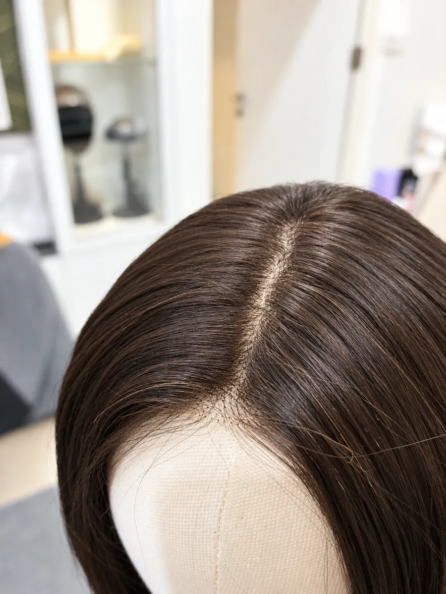 ภาพจริงที่ร้าน Wewigs Pro ถ่ายเอง: ทอปเปอร์ผมแท้งานสั่งทำบนหุ่น มองจากด้านบน เห็นแนวแสกและรากผมทอมือเป็นธรรมชาติเหมือนผมงอกจากหนังศีรษะ