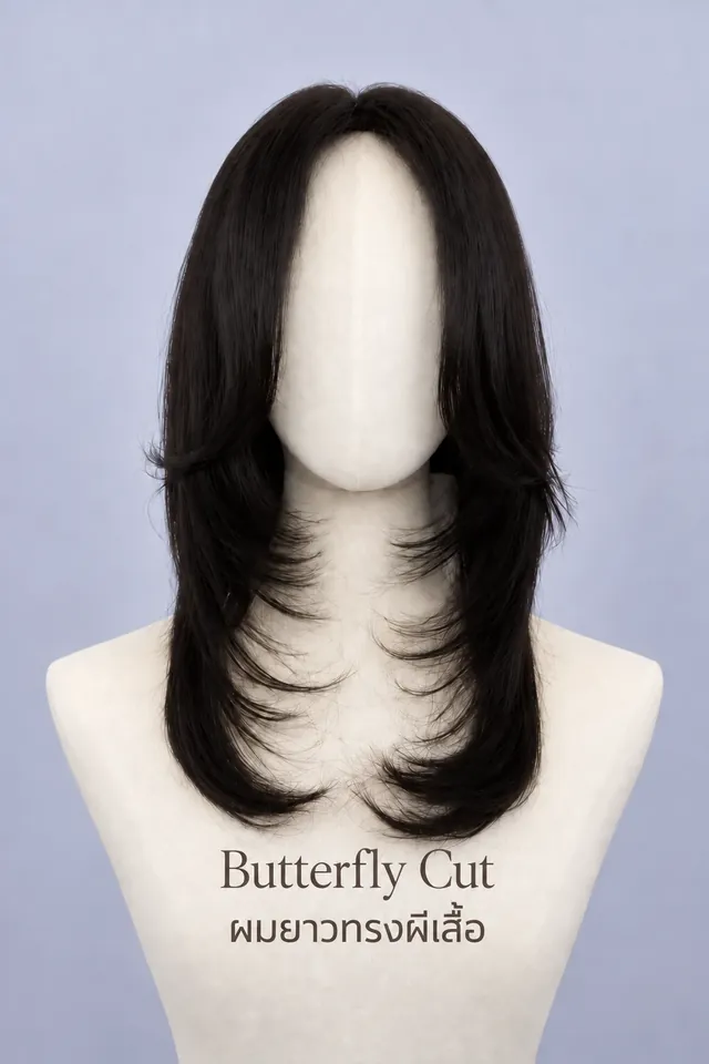 ภาพจริงวิกผมแท้ทรง Butterfly Cut (ผมยาวทรงผีเสื้อ) บนหุ่น ทรงซิกเนเจอร์ที่ร้าน Wewigs Pro ออกแบบเฉพาะลูกค้า