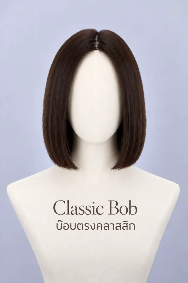 ภาพจริงวิกผมแท้ทรง Classic Bob (บ๊อบตรงคลาสสิก) บนหุ่น ทรงซิกเนเจอร์ที่ร้าน Wewigs Pro ออกแบบเฉพาะลูกค้า