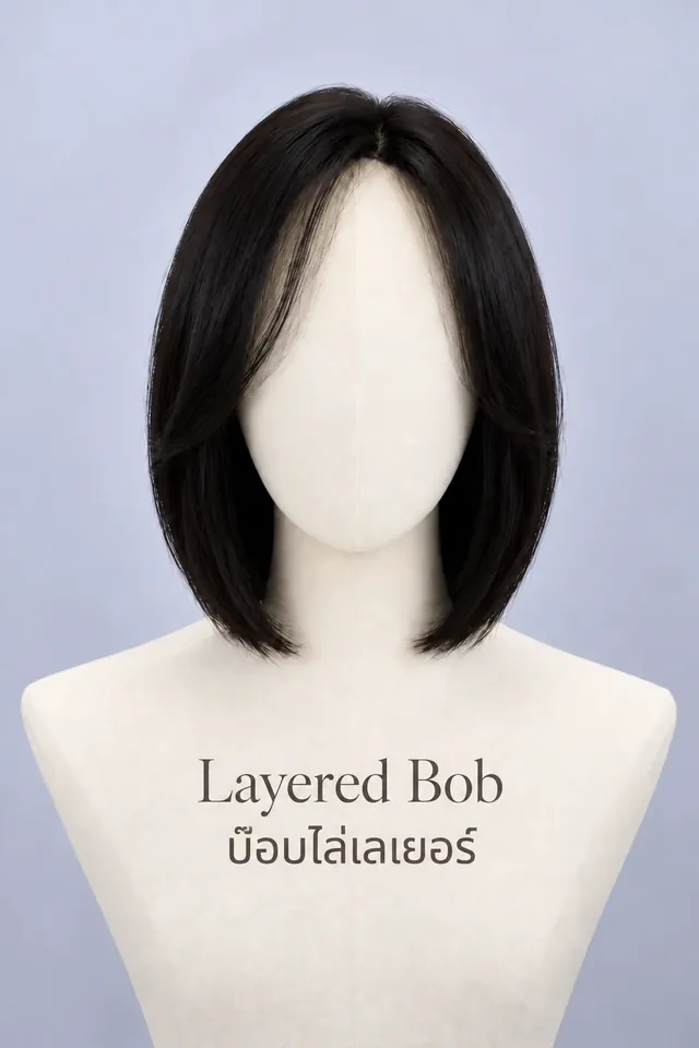 ภาพจริงวิกผมแท้ทรง Layered Bob (บ๊อบไล่เลเยอร์) บนหุ่น ทรงซิกเนเจอร์ที่ร้าน Wewigs Pro ออกแบบเฉพาะลูกค้า