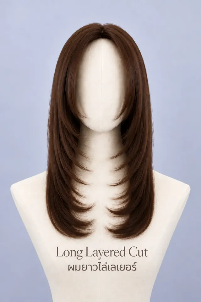 ภาพจริงวิกผมแท้ทรง Long Layered Cut (ผมยาวไล่เลเยอร์) บนหุ่น ทรงซิกเนเจอร์ที่ร้าน Wewigs Pro ออกแบบเฉพาะลูกค้า