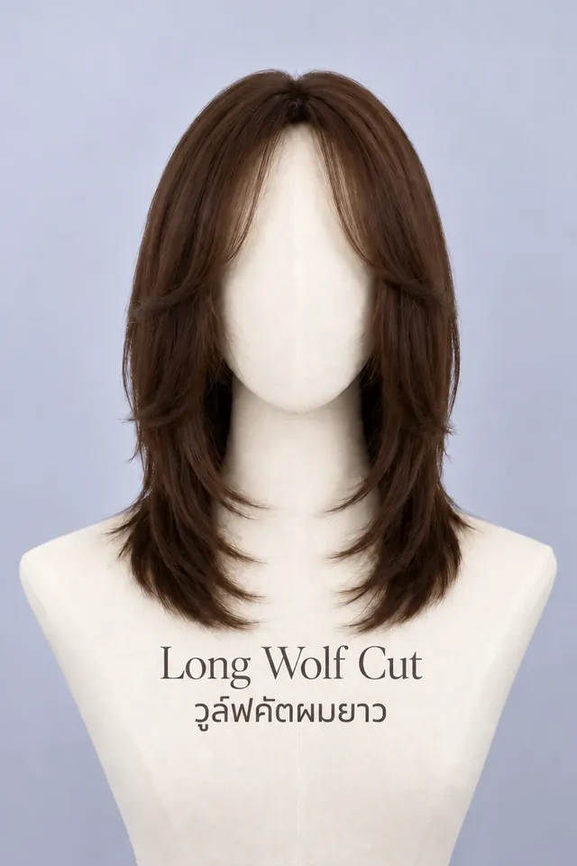 ภาพจริงวิกผมแท้ทรง Long Wolf Cut (วูล์ฟคัตผมยาว) บนหุ่น ทรงซิกเนเจอร์ที่ร้าน Wewigs Pro ออกแบบเฉพาะลูกค้า