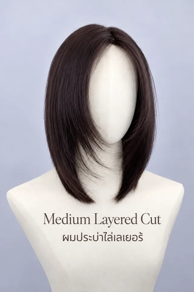 ภาพจริงวิกผมแท้ทรง Medium Layered Cut (ผมประบ่าไล่เลเยอร์) บนหุ่น ทรงซิกเนเจอร์ที่ร้าน Wewigs Pro ออกแบบเฉพาะลูกค้า
