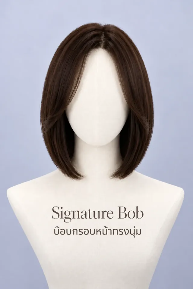 ภาพจริงวิกผมแท้ทรง Signature Bob (บ๊อบกรอบหน้าทรงนุ่ม) บนหุ่น ทรงซิกเนเจอร์ที่ร้าน Wewigs Pro ออกแบบเฉพาะลูกค้า