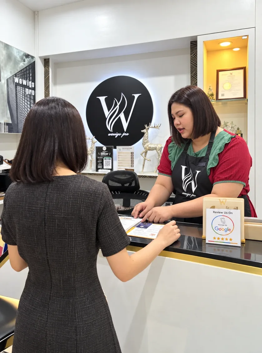 ภาพจริงที่ร้านวิกผม Wewigs Pro จรัญสนิทวงศ์ 77: ช่างให้คำปรึกษาลูกค้าผู้หญิงที่เคาน์เตอร์หน้าร้าน