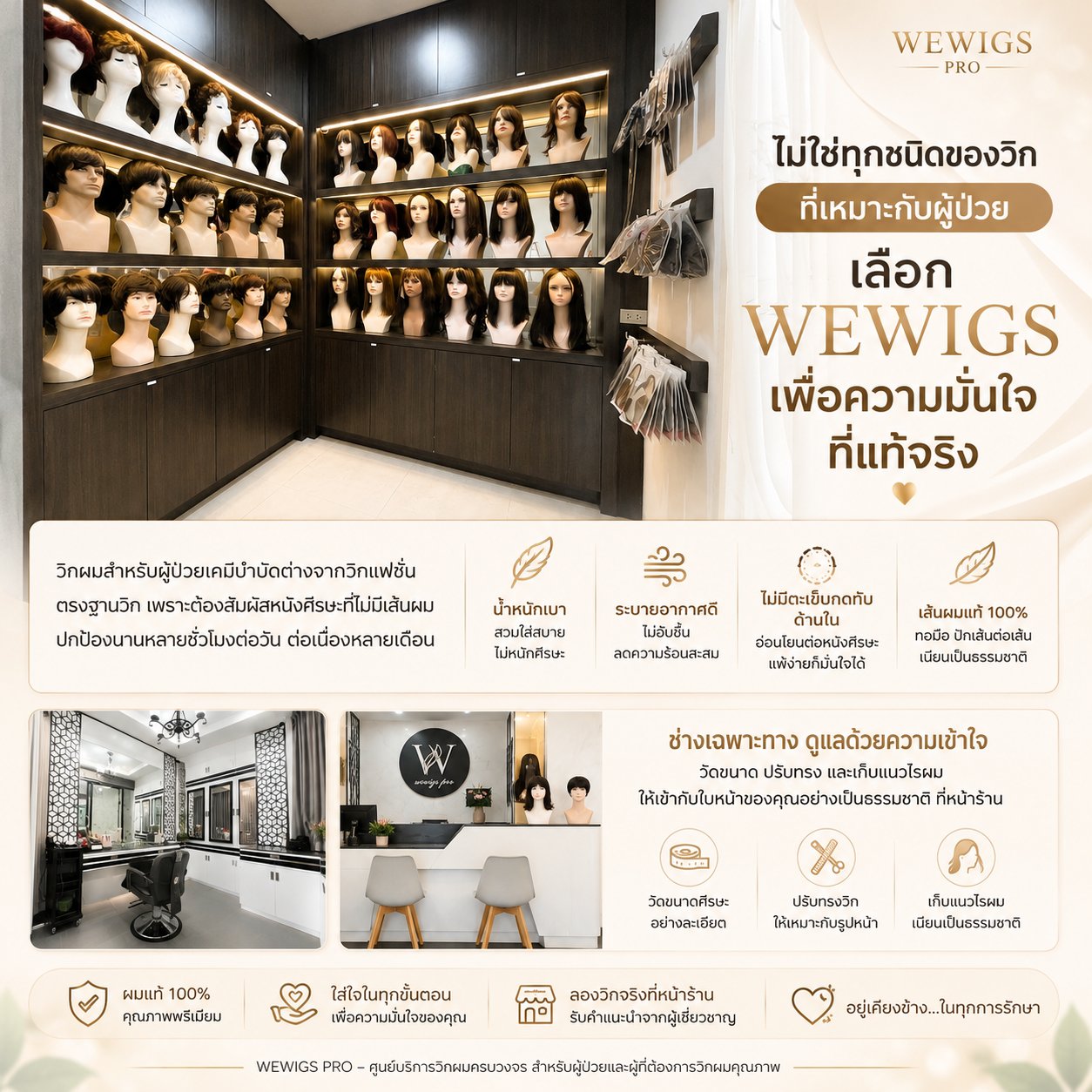 สรุปคุณสมบัติวิกผมแท้สำหรับผู้ป่วยเคมีบำบัดของ Wewigs Pro น้ำหนักเบา ระบายอากาศดี ไม่มีตะเข็บกดทับด้านใน และเส้นผมแท้ 100% ทอมือปักเส้นต่อเส้น พร้อมภาพห้องโชว์วิกและเคาน์เตอร์ให้คำปรึกษาที่หน้าร้าน
